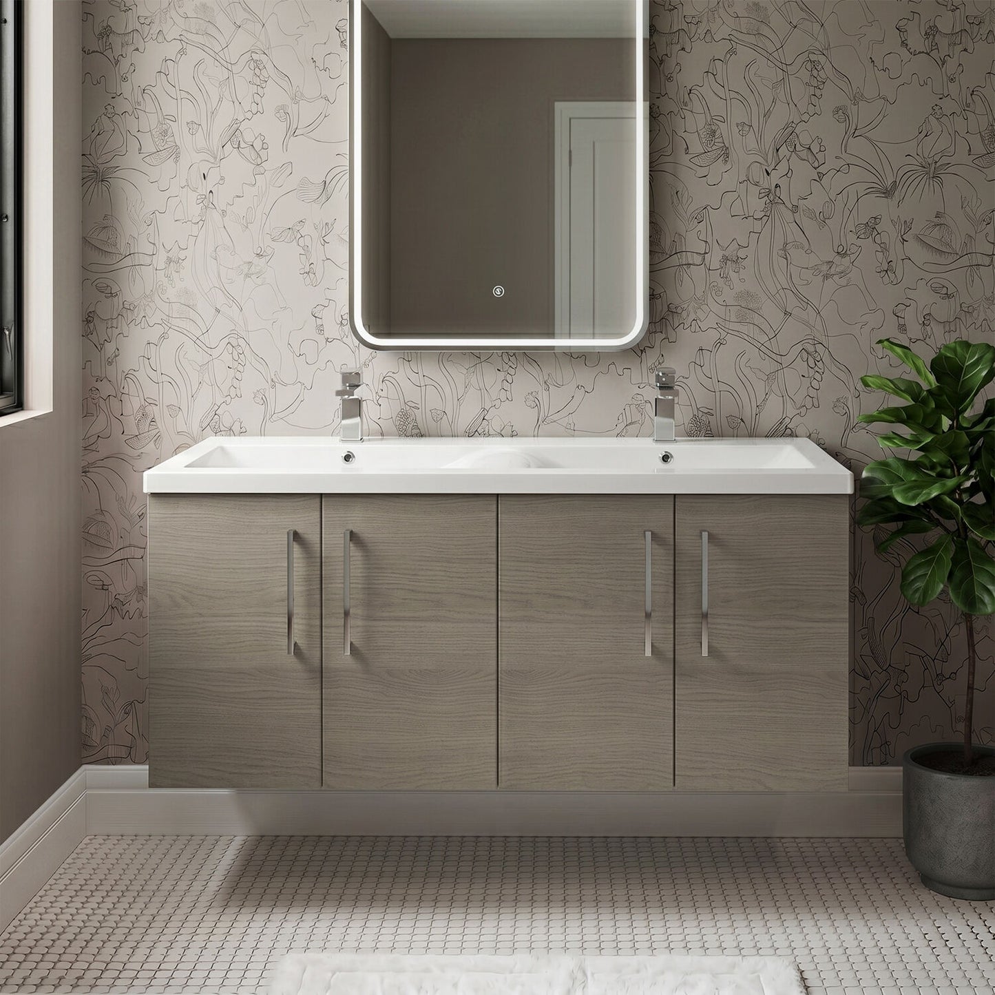 [BFLE2523F2] Balterley Level 1200mm Wall Hung 4-Door Vanity Unit with Double Basin for Modern Bathroom Storage - Gloss White - Silo