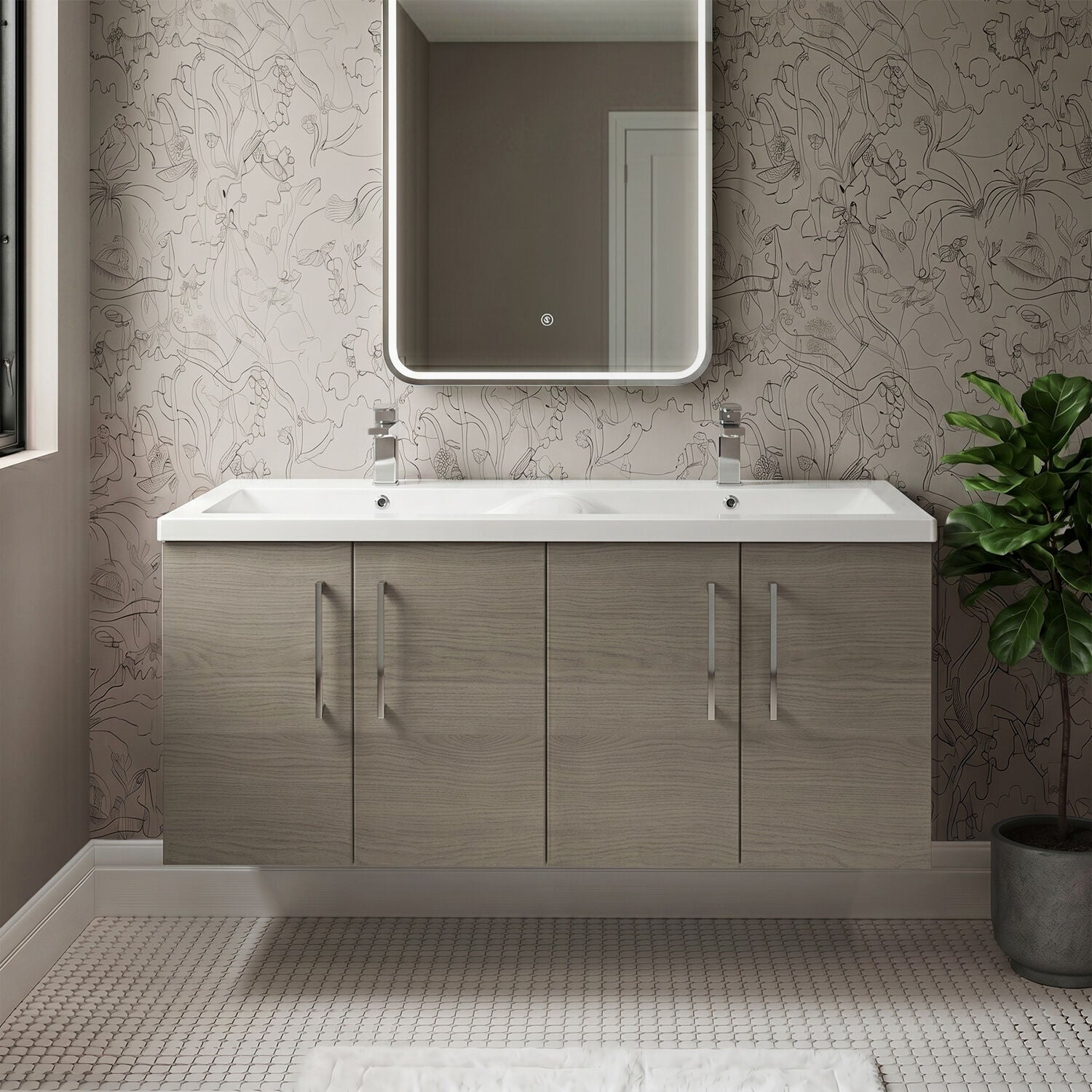 [BFLE2523F2] Balterley Level 1200mm Wall Hung 4-Door Vanity Unit with Double Basin for Modern Bathroom Storage - Gloss White - Silo