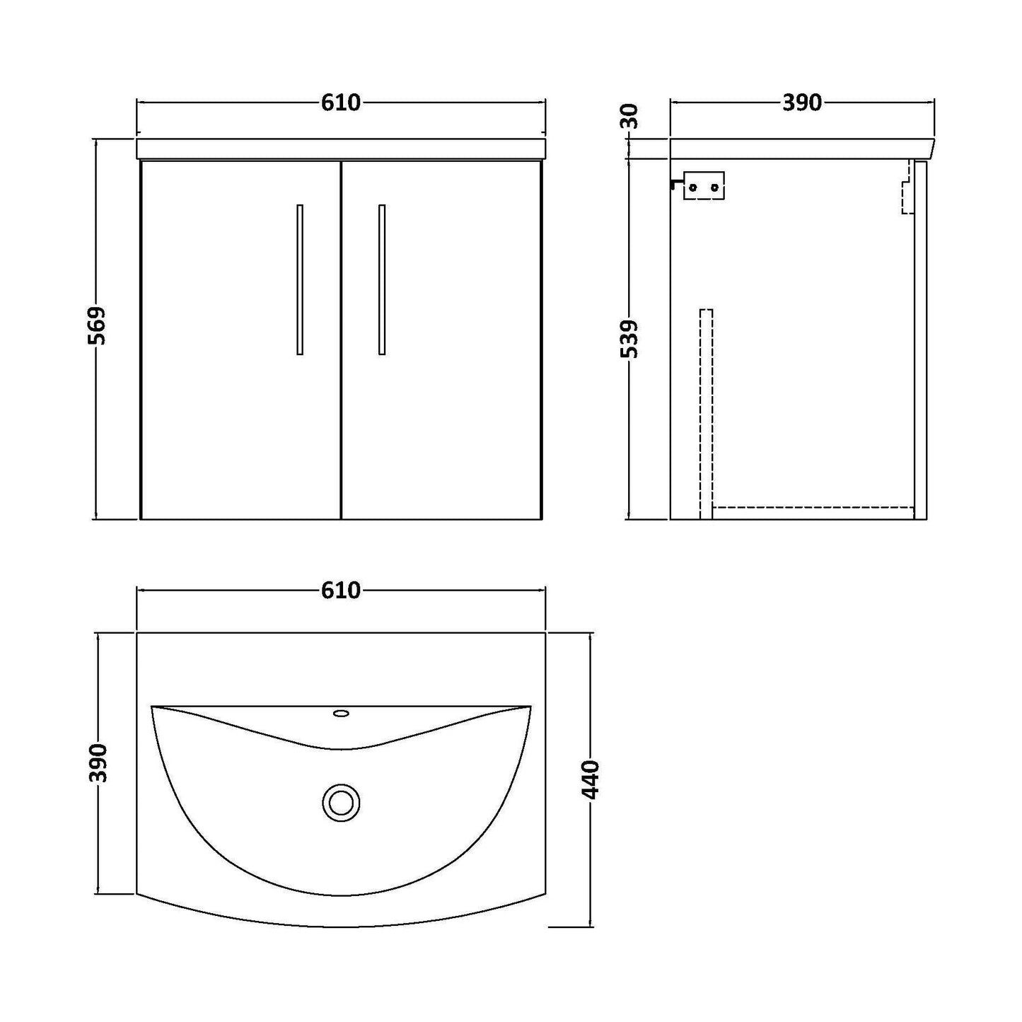 [BFLE2523G] Balterley  Modern Bathroom Wall Hung 2-Door Vanity & Curved Basin, Solace Oak, 600mm - Technical Drawing