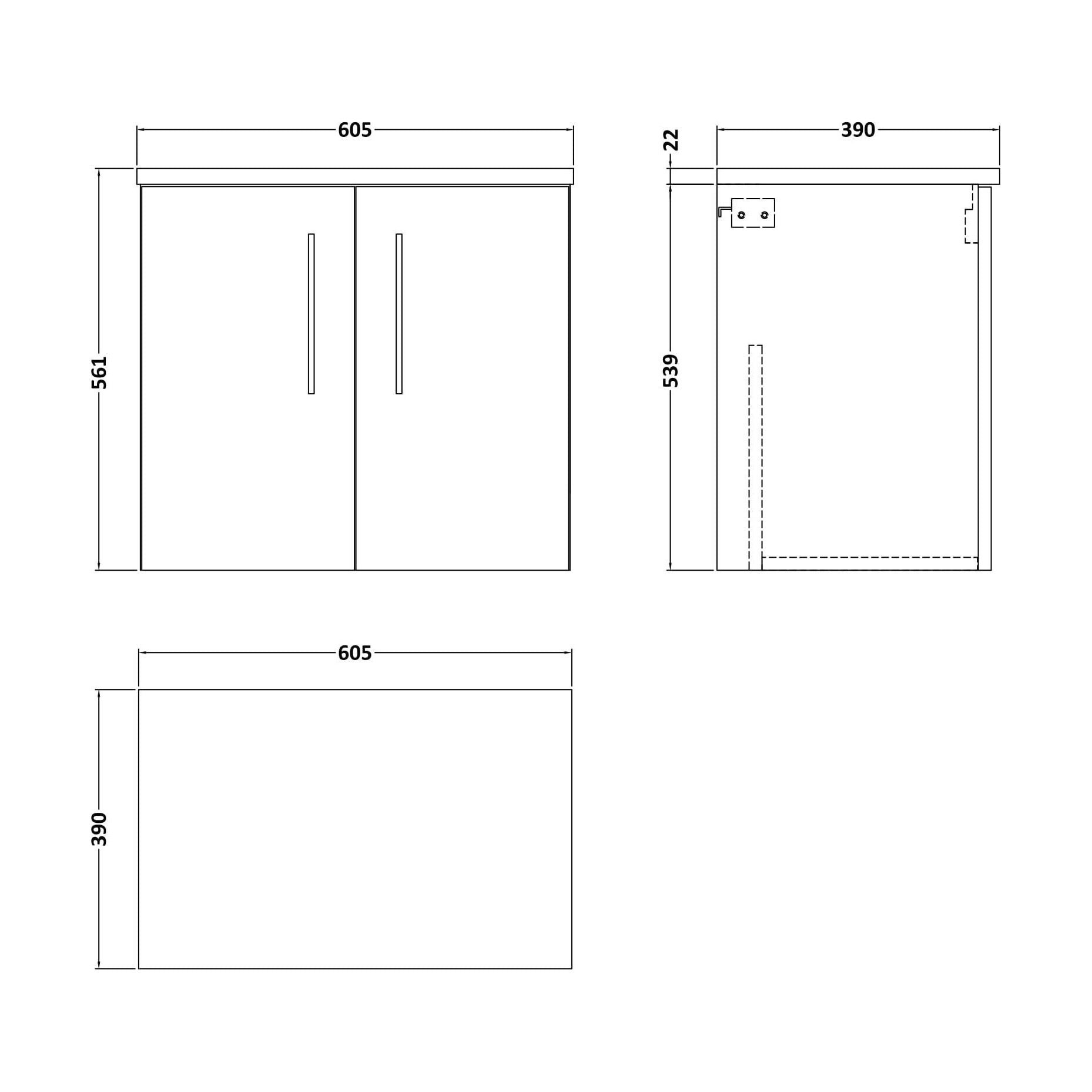 [BFLE2523LCM] Balterley Level 600mm Wall Hung 2 Door Vanity Unit with Laminate Worktop for Compact Natural-Wood Bathroom Storage - Solace Oak - Technical Drawing