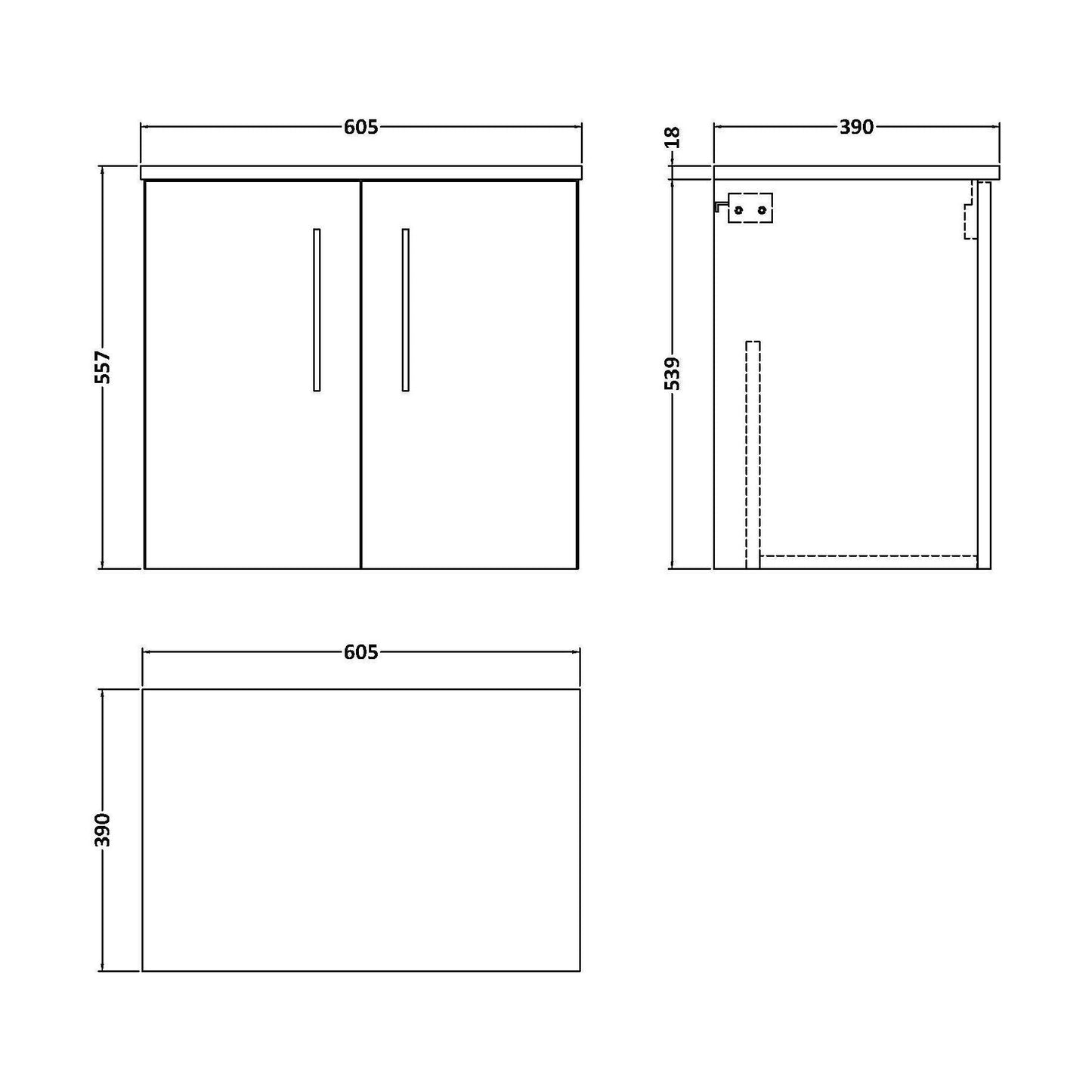 [BFLE2523W] Balterley Level Modern Bathroom 600mm Wall Hung 2-Door Vanity Unit with Worktop, Soft Close Doors, Solace Oak - Technical Drawing