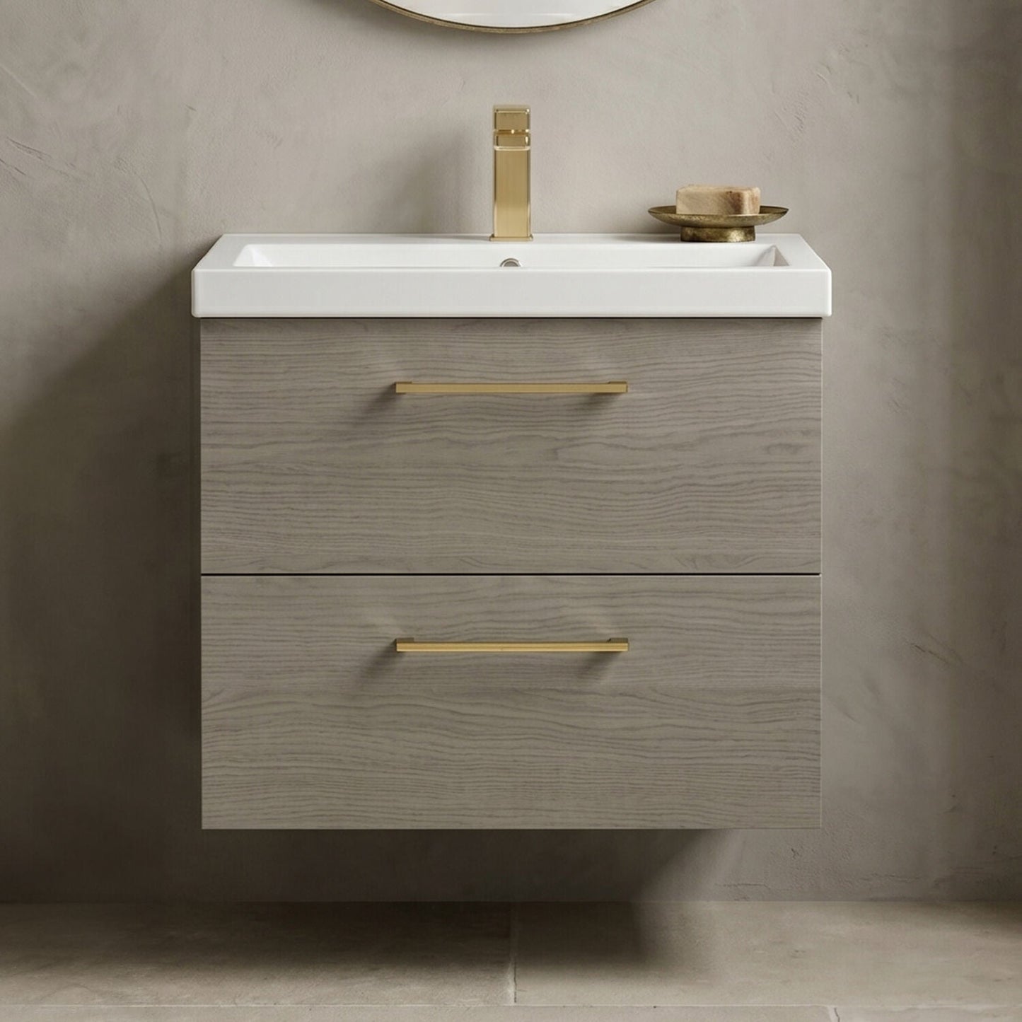 [BFLE2524AH017] Bramshall Wall Hung 2 Drawer Vanity Unit with Mid-Edge Ceramic Basin - Choice of Colour, Handle Finish and Size - Silo