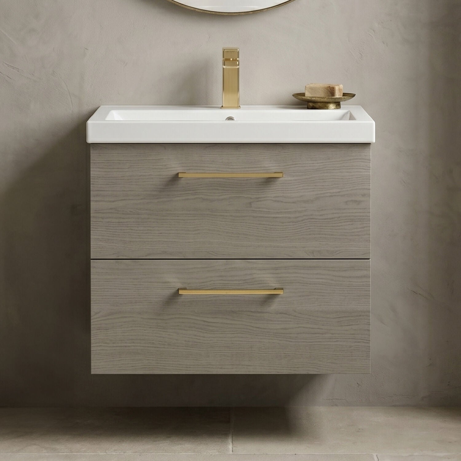 [BFLE2524AH017] Bramshall Wall Hung 2 Drawer Vanity Unit with Mid-Edge Ceramic Basin - Choice of Colour, Handle Finish and Size - Silo