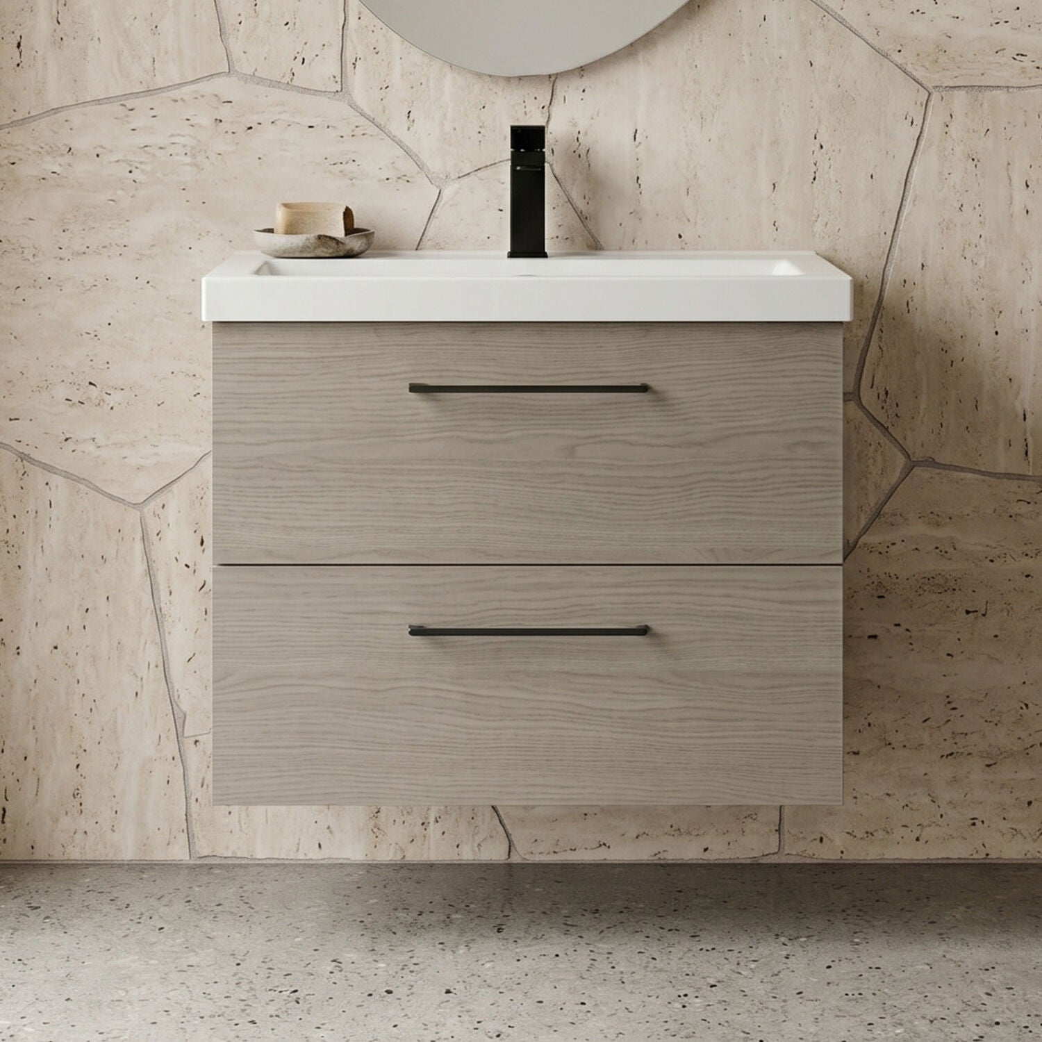 [BFLE2524AH018] Bramshall Wall Hung 2 Drawer Vanity Unit with Mid-Edge Ceramic Basin - Choice of Colour, Handle Finish and Size - Silo