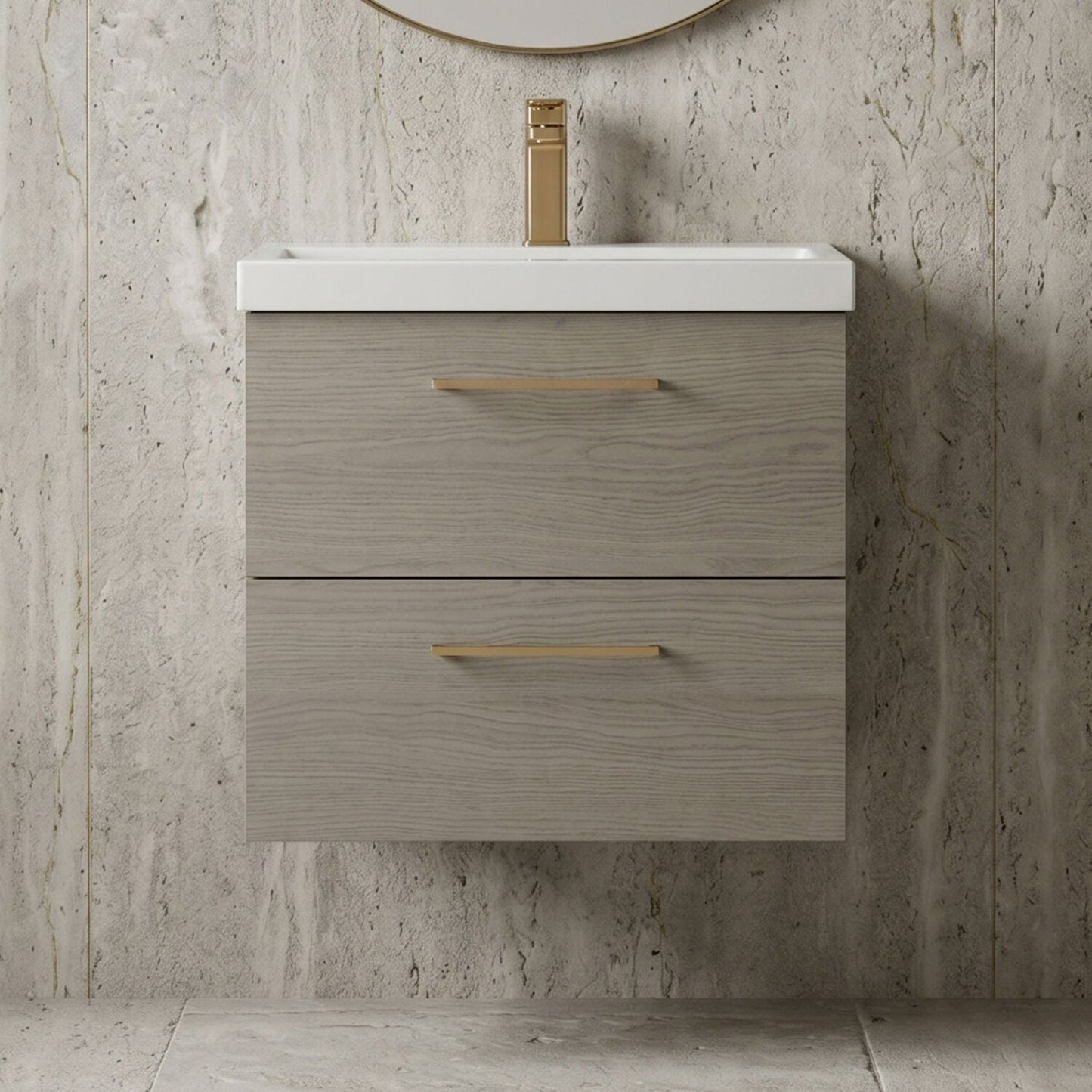 [BFLE2524AH1516] Bramshall Wall Hung 2 Drawer Vanity Unit with Mid-Edge Ceramic Basin - Choice of Colour, Handle Finish and Size - Silo