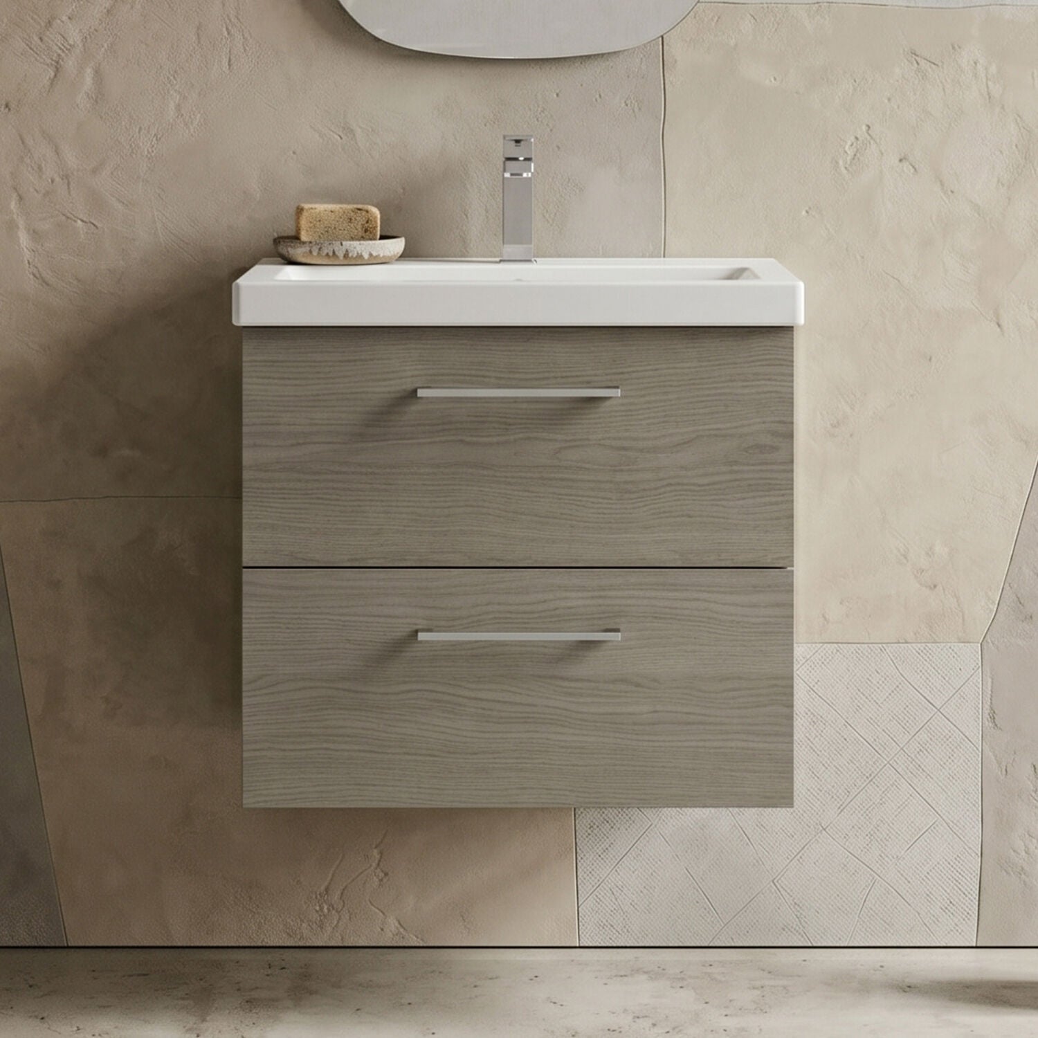 [BFLE2524A] Bramshall Wall Hung 2 Drawer Vanity Unit with Mid-Edge Ceramic Basin - Choice of Colour, Handle Finish and Size - Silo