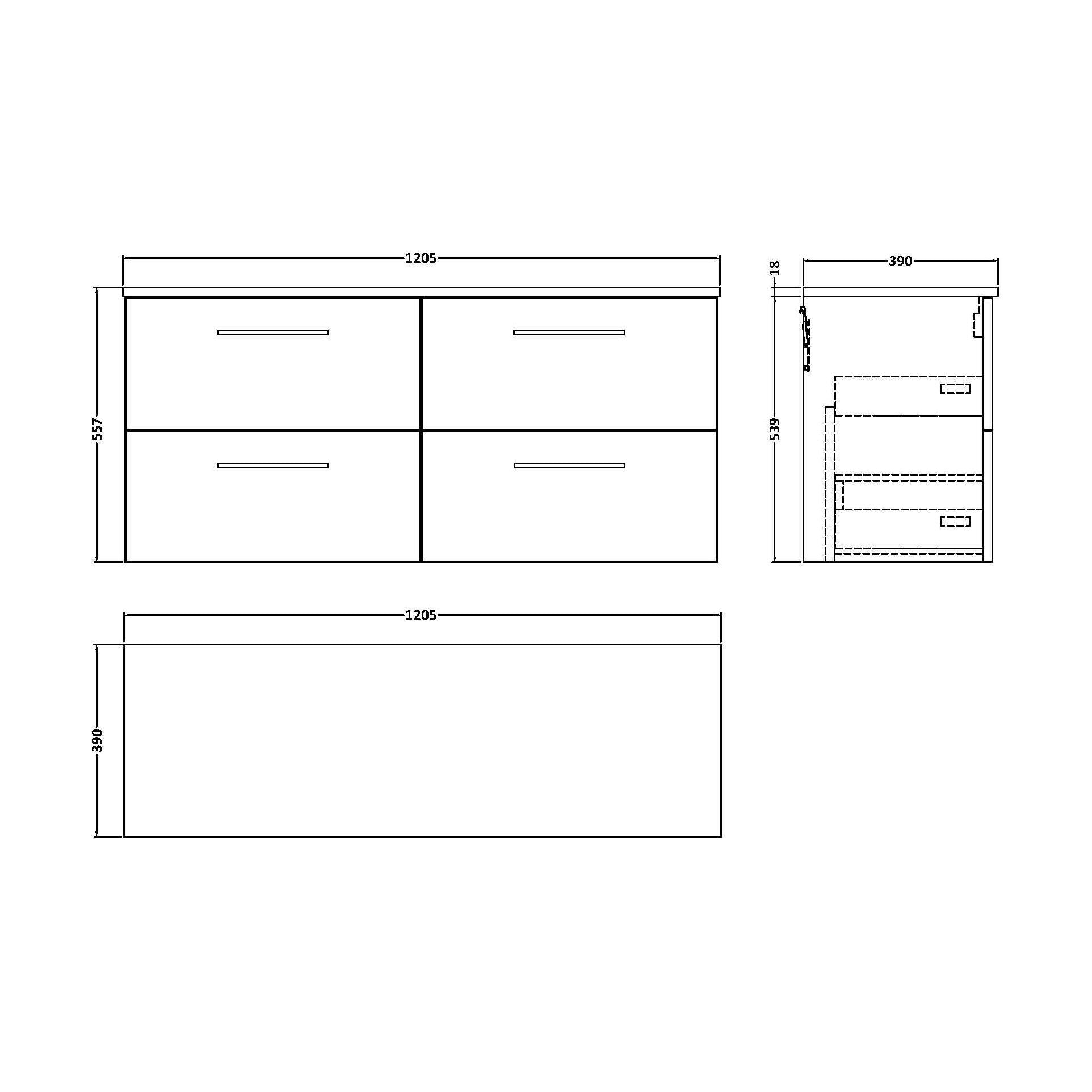 [BFLE2524W2] Balterley Level Modern Bathroom 1200mm Wall Hung 4 Soft Close Drawer Vanity Unit with Worktop, 557 x 1205 x 390mm, Solace Oak - Technical Drawing
