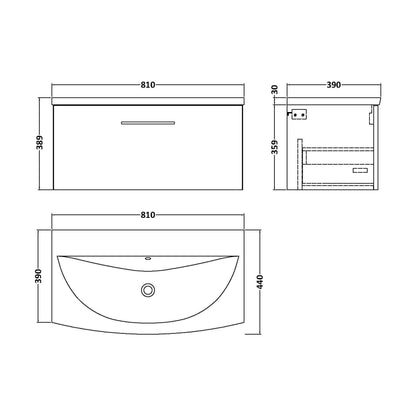 [BFLE2525G] Balterley  Modern Bathroom Wall Hung 1-Drawer Vanity & Curved Basin, Solace Oak, 800mm - Technical Drawing