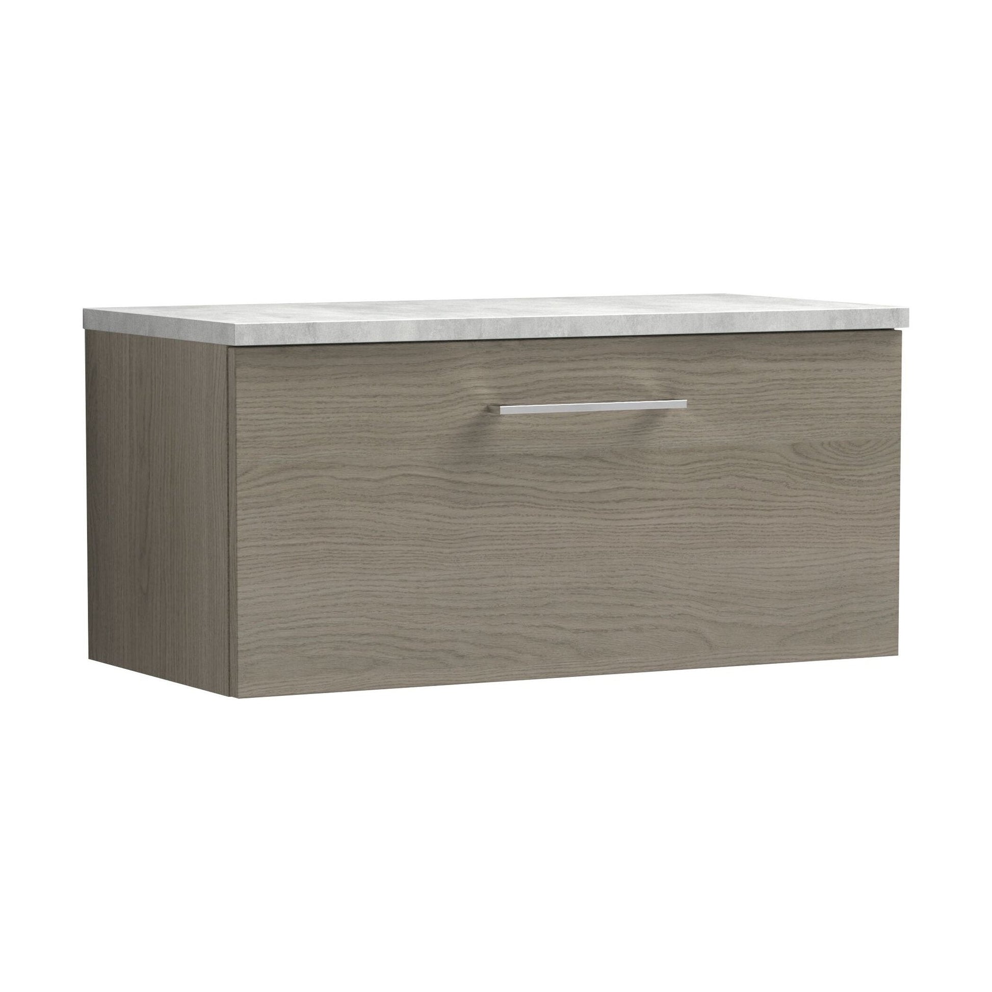 [BFLE2525LBG] Balterley Level 800mm Wall Hung Single Drawer Vanity Unit with Laminate Worktop for Stylish Compact Bathroom Storage - Solace Oak - Cutout