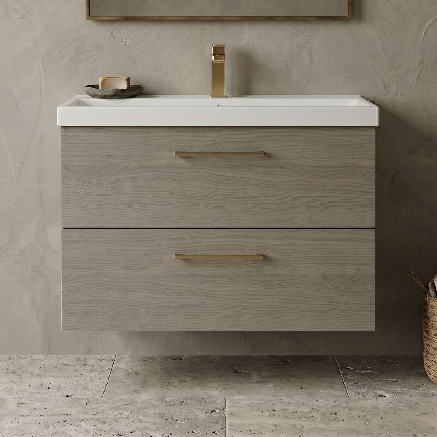 [BFLE2526AH017] Bramshall Wall Hung 2 Drawer Vanity Unit with Mid-Edge Ceramic Basin - Choice of Colour, Handle Finish and Size - Silo