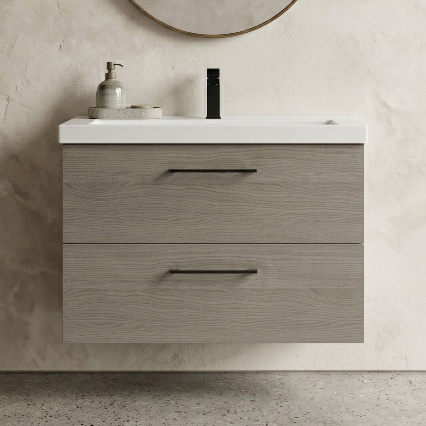 [BFLE2526AH018] Bramshall Wall Hung 2 Drawer Vanity Unit with Mid-Edge Ceramic Basin - Choice of Colour, Handle Finish and Size - Silo