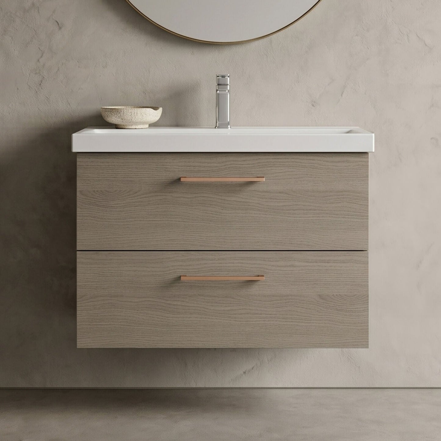 [BFLE2526AH019] Bramshall Wall Hung 2 Drawer Vanity Unit with Mid-Edge Ceramic Basin - Choice of Colour, Handle Finish and Size - Silo