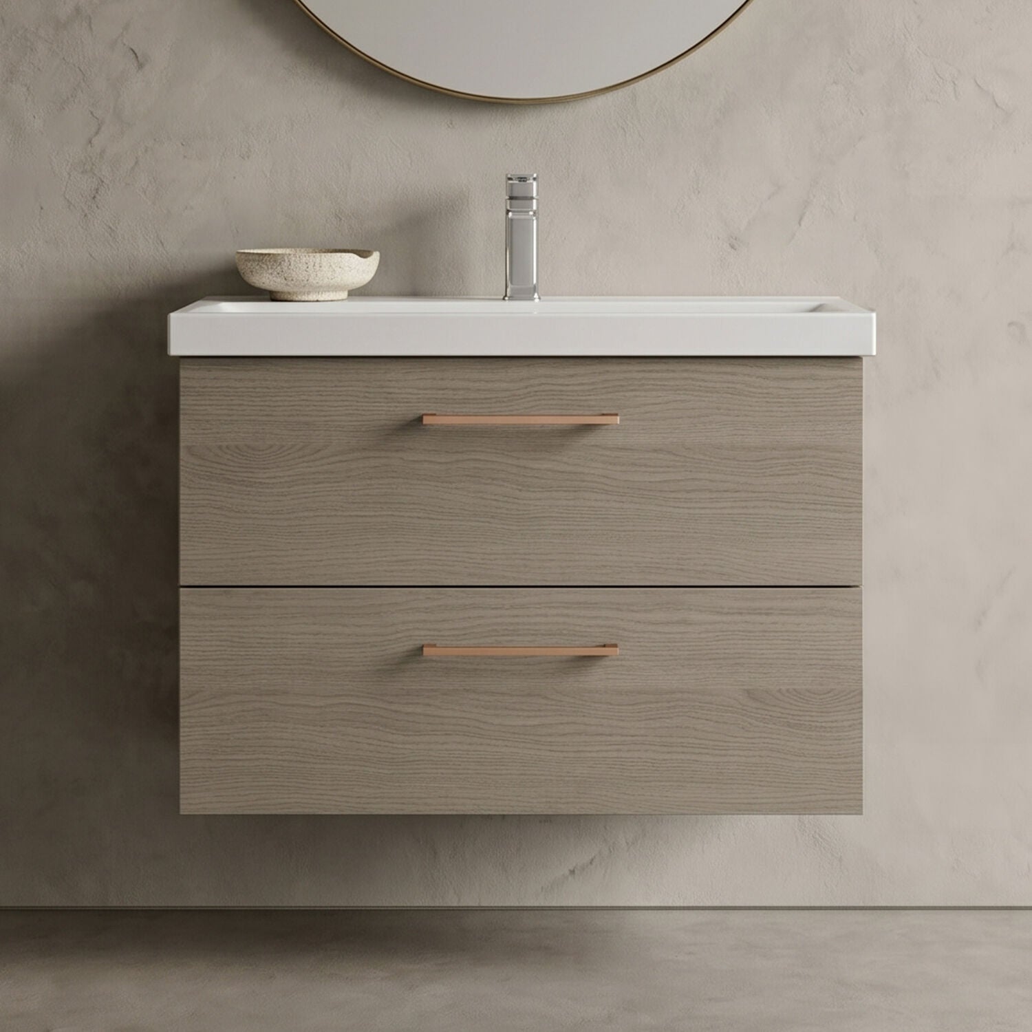 [BFLE2526AH019] Bramshall Wall Hung 2 Drawer Vanity Unit with Mid-Edge Ceramic Basin - Choice of Colour, Handle Finish and Size - Silo