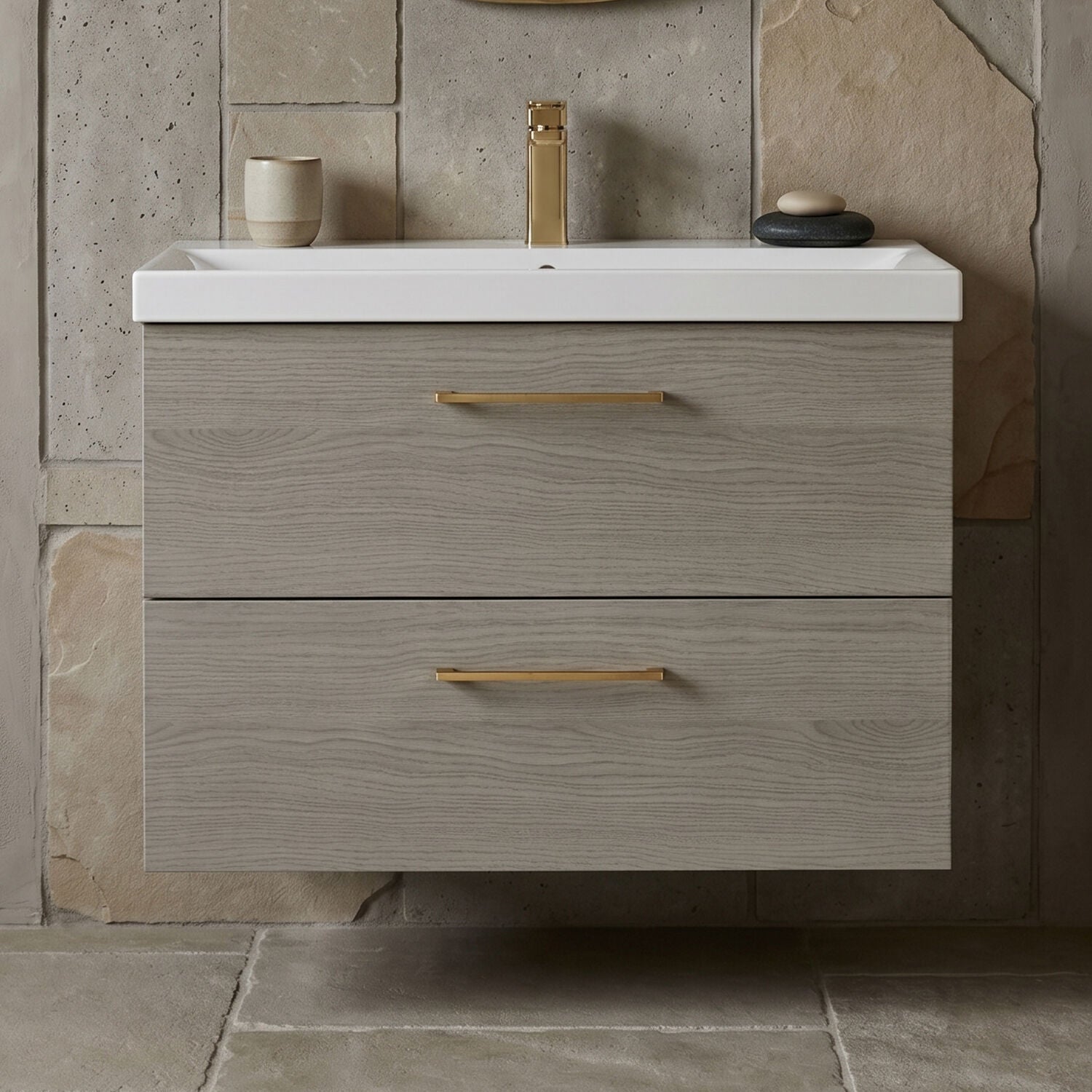 [BFLE2526AH1516] Bramshall Wall Hung 2 Drawer Vanity Unit with Mid-Edge Ceramic Basin - Choice of Colour, Handle Finish and Size - Silo