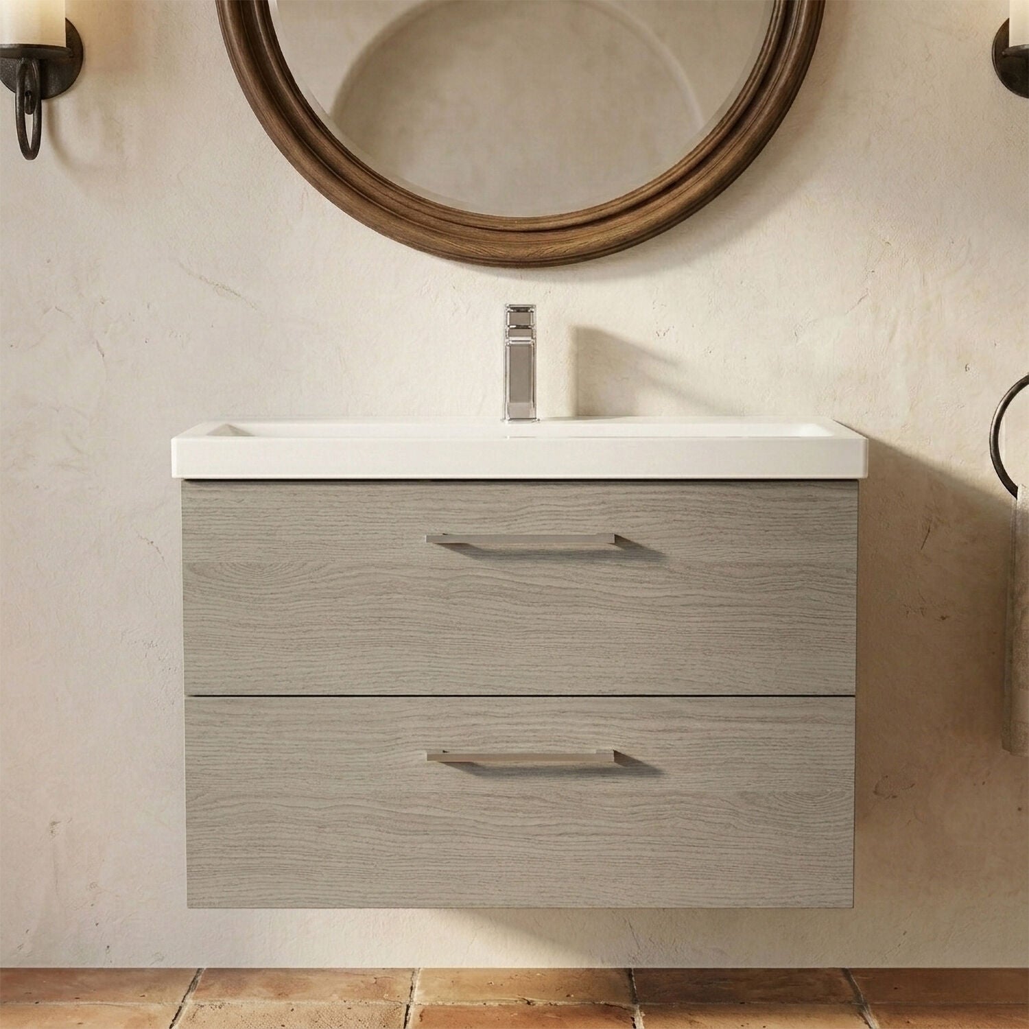 [BFLE2526A] Bramshall Wall Hung 2 Drawer Vanity Unit with Mid-Edge Ceramic Basin - Choice of Colour, Handle Finish and Size - Silo