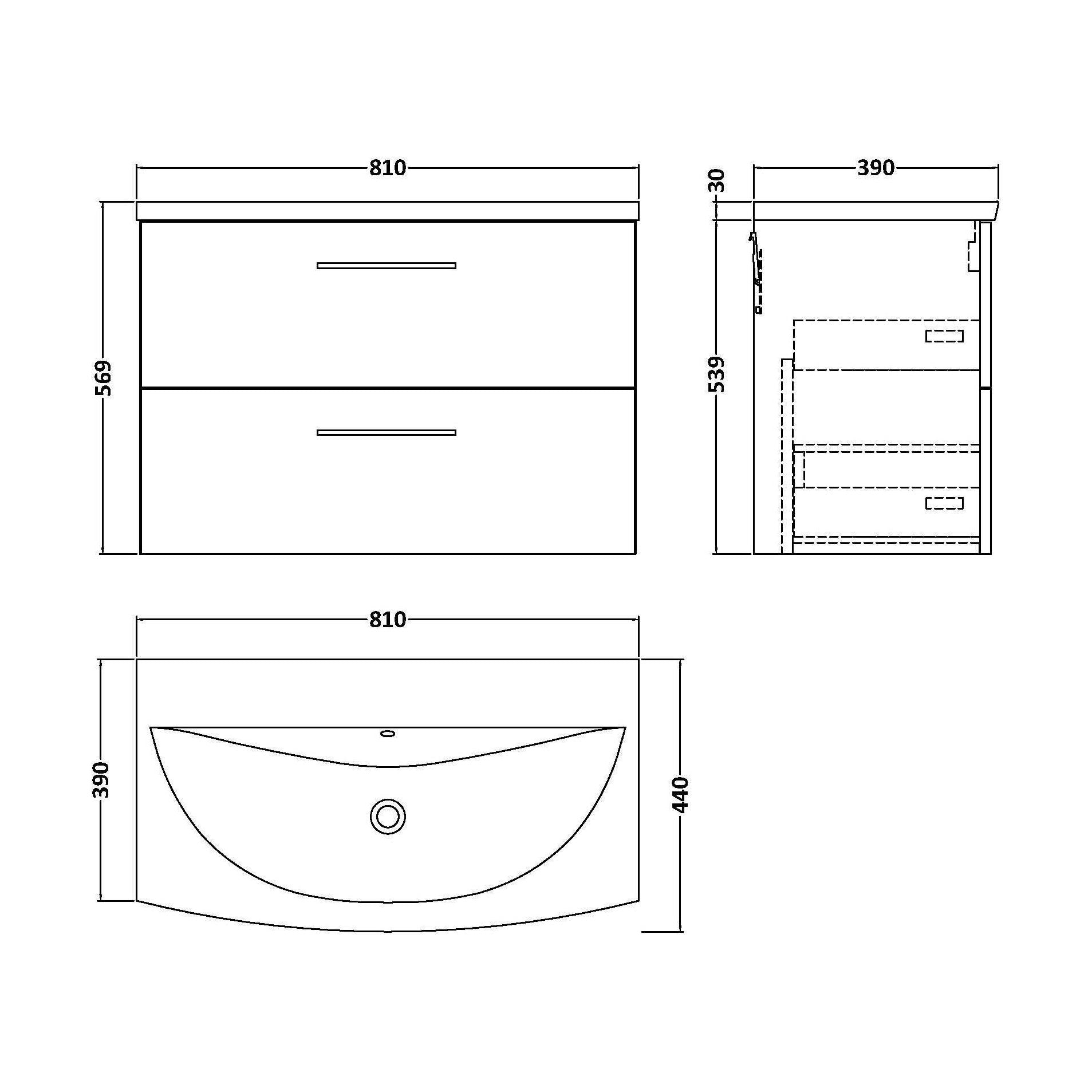 [BFLE2526G] Balterley  Modern Bathroom Wall Hung 2-Drawer Vanity & Curved Basin, Solace Oak, 800mm - Technical Drawing