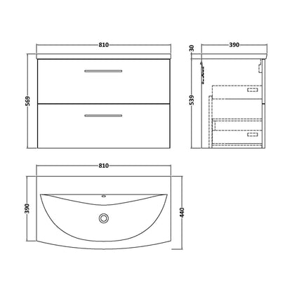 [BFLE2526G] Balterley  Modern Bathroom Wall Hung 2-Drawer Vanity & Curved Basin, Solace Oak, 800mm - Technical Drawing