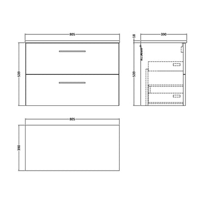 [BFLE2526W] Balterley Level Modern Bathroom 800mm Wall Hung 2 Soft Close Drawer Vanity Unit with Worktop, 539 x 805 x 390mm, Solace Oak - Technical Drawing