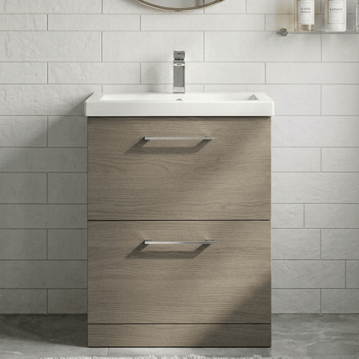 [BFLE2533A] Balterley Contemporary Bathroom Floor Standing 2-Drawer Vanity Unit & Mid-Edge Ceramic Basin, Solace Oak, 600 mm - Silo
