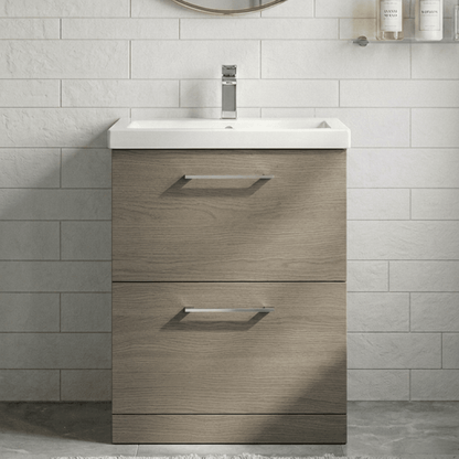 [BFLE2533A] Balterley Contemporary Bathroom Floor Standing 2-Drawer Vanity Unit & Mid-Edge Ceramic Basin, Solace Oak, 600 mm - Silo