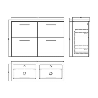 [BFLE2533C2] Balterley Level 1200mm Floor Standing 4 Drawer Vanity Unit with Double Basin, Handles & Overflow for Bathroom Storage Gloss White - Technical Drawing