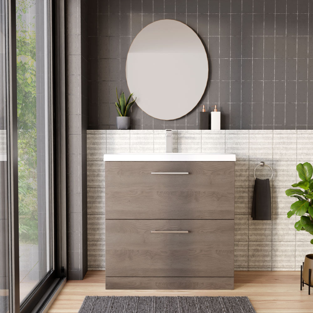 [BFLE2535A] Balterley Contemporary Bathroom Floor Standing 2-Drawer Vanity Unit & Mid-Edge Ceramic Basin, Solace Oak, 800 mm - Lifestyle 1