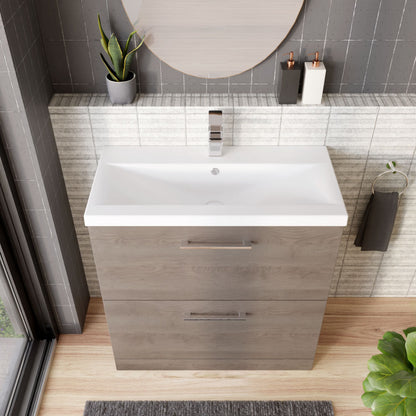 [BFLE2535A] Balterley Contemporary Bathroom Floor Standing 2-Drawer Vanity Unit & Mid-Edge Ceramic Basin, Solace Oak, 800 mm - Lifestyle 2