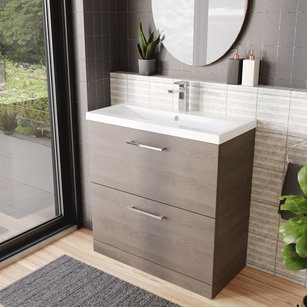 [BFLE2535A] Balterley Contemporary Bathroom Floor Standing 2-Drawer Vanity Unit & Mid-Edge Ceramic Basin, Solace Oak, 800 mm - Lifestyle 3