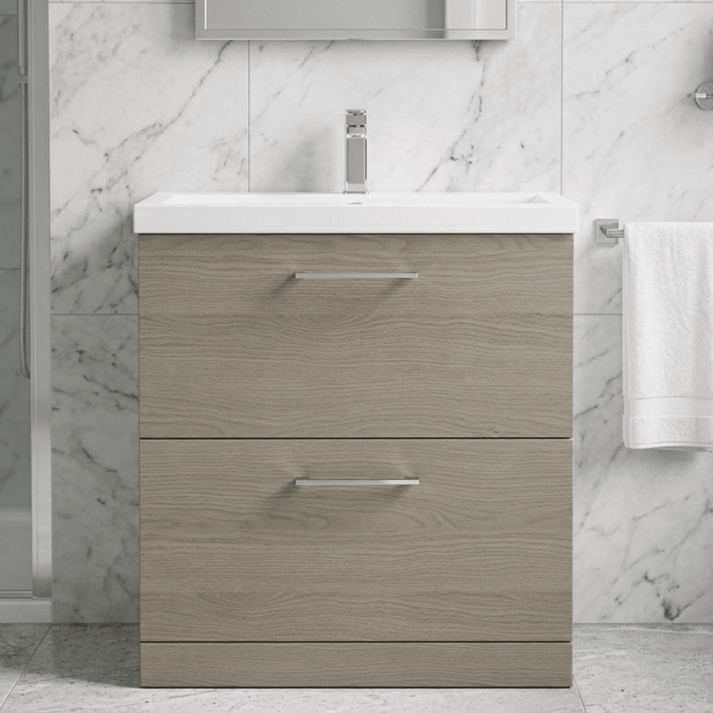 [BFLE2535A] Balterley Contemporary Bathroom Floor Standing 2-Drawer Vanity Unit & Mid-Edge Ceramic Basin, Solace Oak, 800 mm - Silo