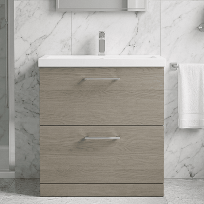 [BFLE2535A] Balterley Contemporary Bathroom Floor Standing 2-Drawer Vanity Unit & Mid-Edge Ceramic Basin, Solace Oak, 800 mm - Silo