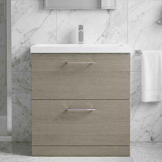 [BFLE2535A] Balterley Contemporary Bathroom Floor Standing 2-Drawer Vanity Unit & Mid-Edge Ceramic Basin, Solace Oak, 800 mm - Silo