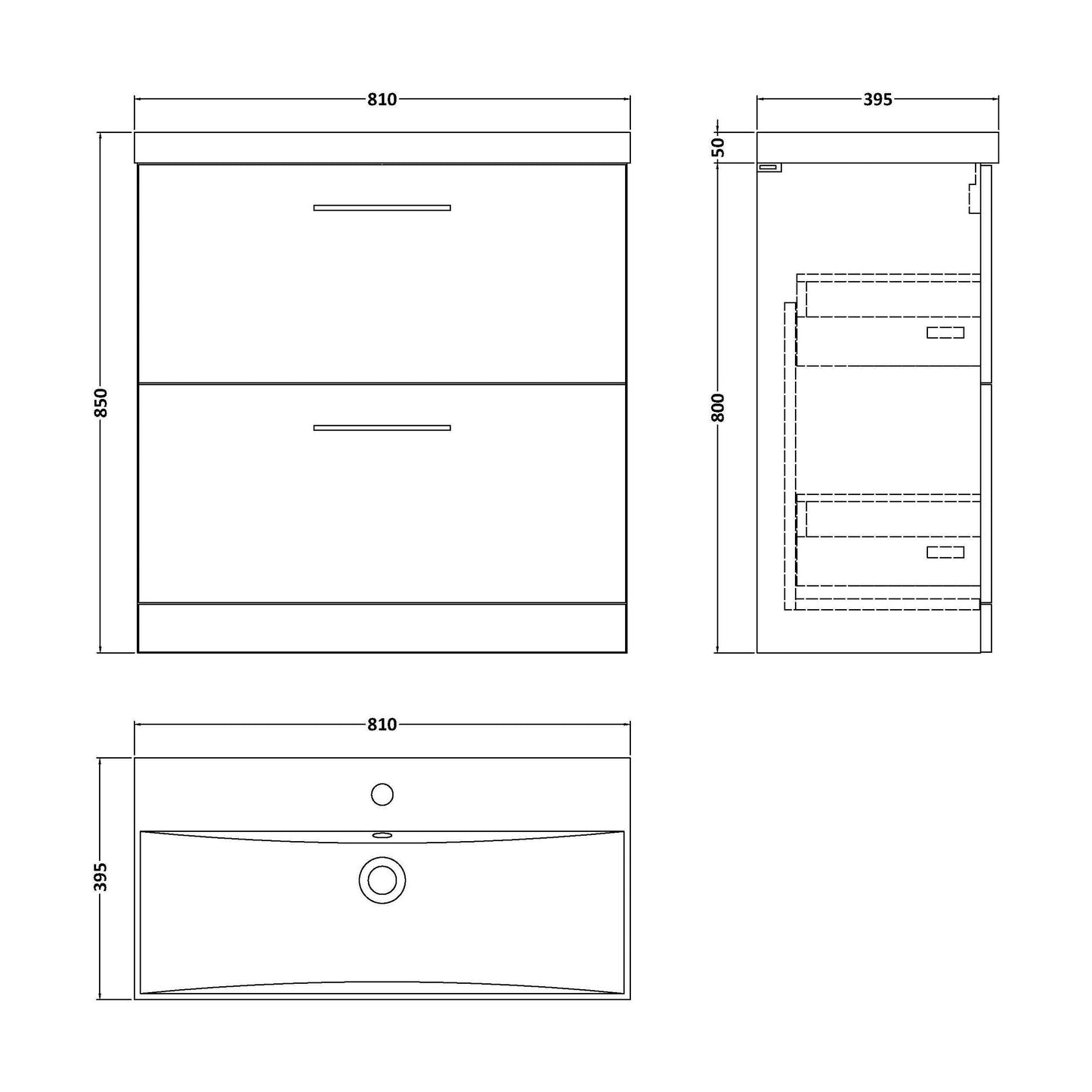 [BFLE2535D] Balterley  Floor Standing 2 Soft Close Drawer & Thin-Edge Bathroom Vanity Unit Basin, Solace Oak, 800mm - Technical Drawing