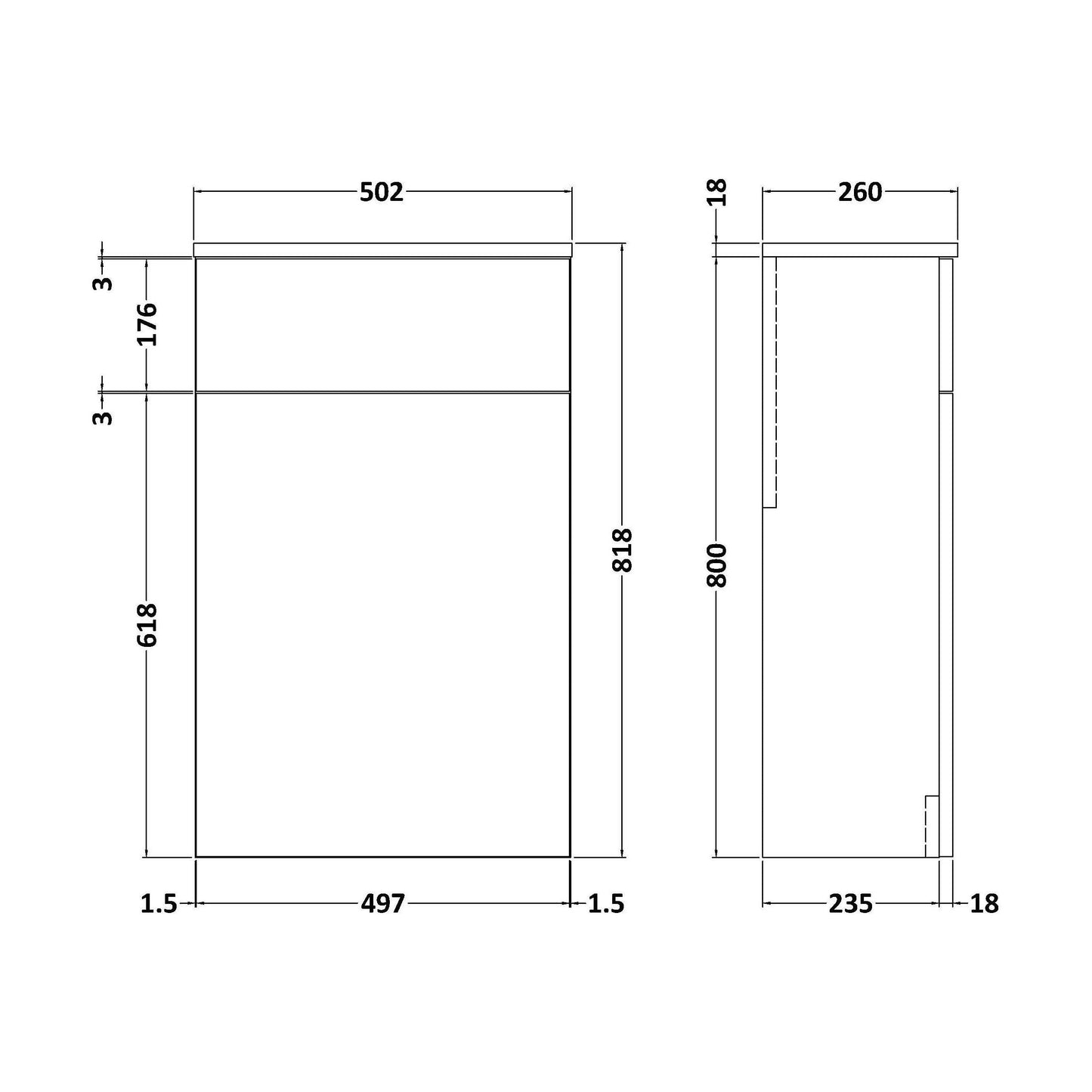 [BFLE2541] Bramshall 500mm Floor-Standing Contemporary Compact WC Toilet Unit - Technical Drawing