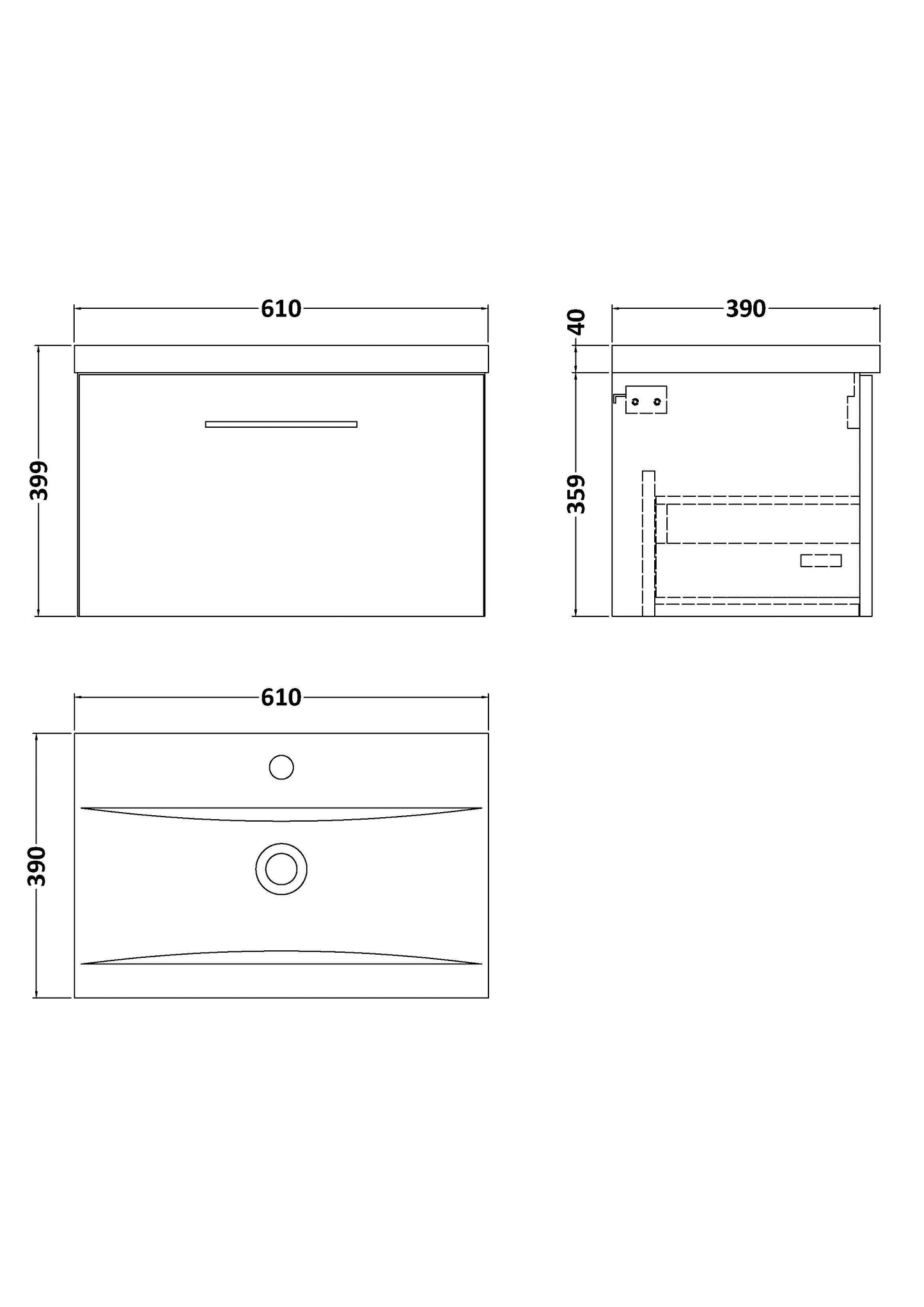[BFLE2922A] Bramshall Contemporary 2 Door Wall Hung Vanity Basin Unit with Mid-Edge Basin, Choice of Size and Colour - Line Drawing