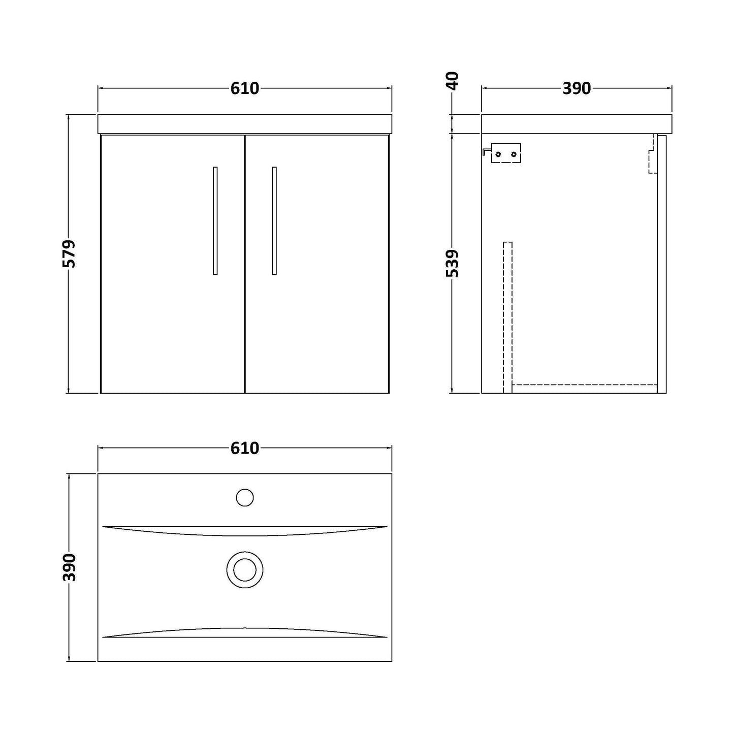 [BFLE2923A] Balterley Contemporary Bathroom Wall Hung 2 Soft-Close Door Vanity Unit & Mid-Edge Ceramic Basin, Midnight Blue, 600 mm - Technical Drawing