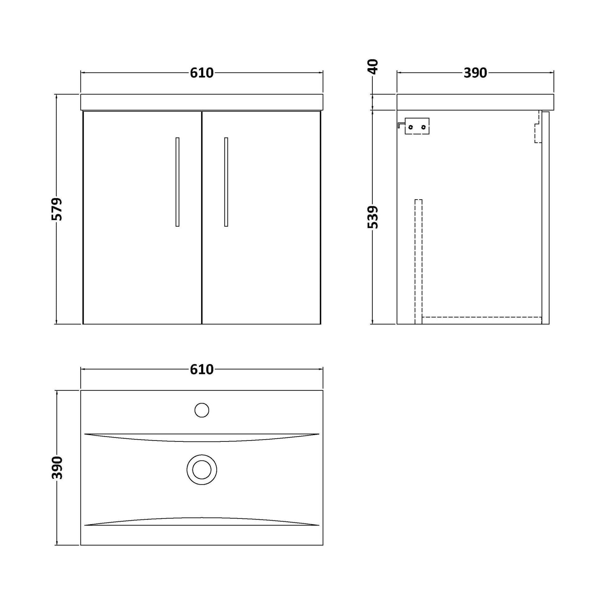 [BFLE2923A] Balterley Contemporary Bathroom Wall Hung 2 Soft-Close Door Vanity Unit & Mid-Edge Ceramic Basin, Midnight Blue, 600 mm - Technical Drawing