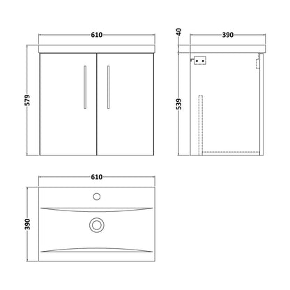 [BFLE2923A] Balterley Contemporary Bathroom Wall Hung 2 Soft-Close Door Vanity Unit & Mid-Edge Ceramic Basin, Midnight Blue, 600 mm - Technical Drawing