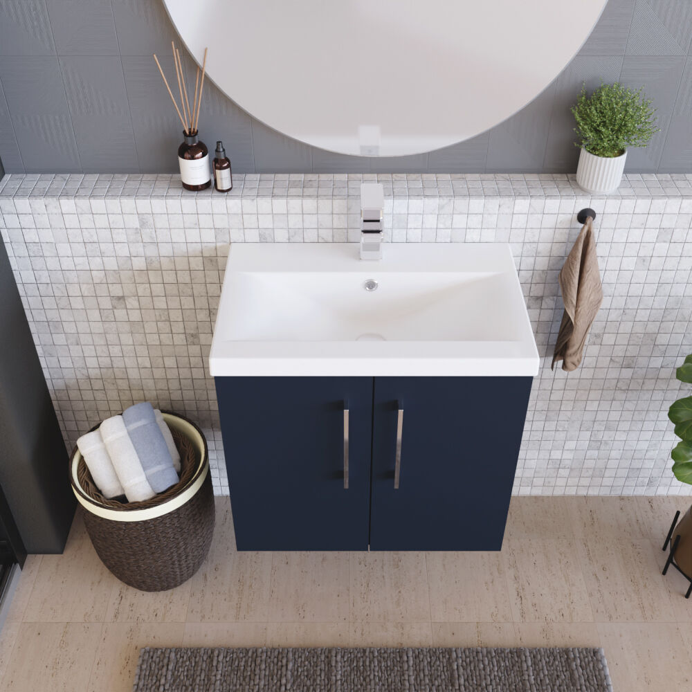 [BFLE2923A] Balterley Contemporary Bathroom Wall Hung 2 Soft-Close Door Vanity Unit & Mid-Edge Ceramic Basin, Midnight Blue, 600 mm - Lifestyle 2