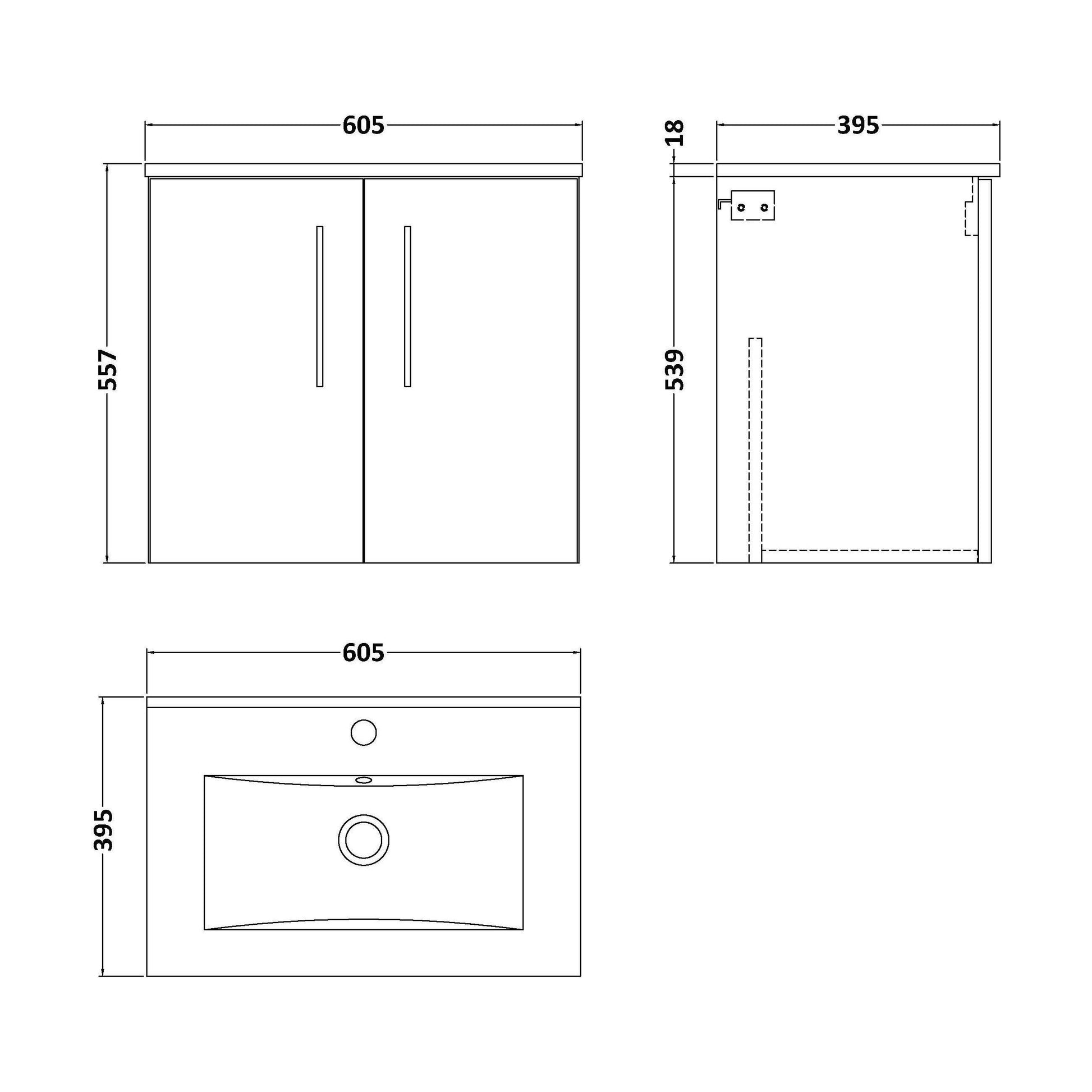 [BFLE2923B] Balterley  Contemporary Bathroom 2 Soft Close Door & Minimalist Wall Hung Vanity Unit Basin, Midnight Blue, 600mm - Technical Drawing