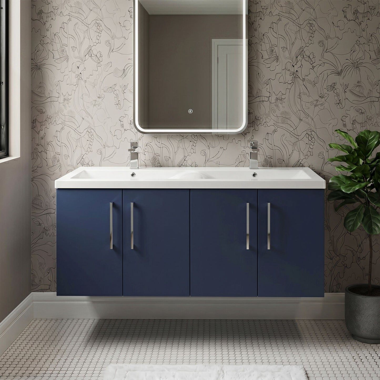 [BFLE2923F2] Balterley Level 1200mm Wall Hung 4-Door Vanity Unit with Double Basin for Modern Bathroom Storage - Gloss White - Silo