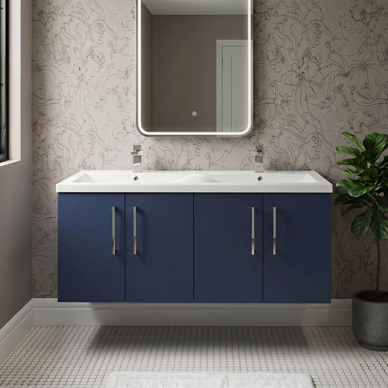 [BFLE2923F2] Balterley Level 1200mm Wall Hung 4-Door Vanity Unit with Double Basin for Modern Bathroom Storage - Gloss White - Silo