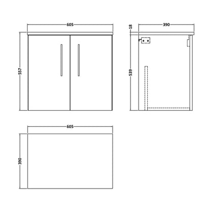 [BFLE2923W] Balterley Level Modern Bathroom 600mm Wall Hung 2-Door Vanity Unit with Worktop, Soft Close Doors, Midnight Blue - Technical Drawing