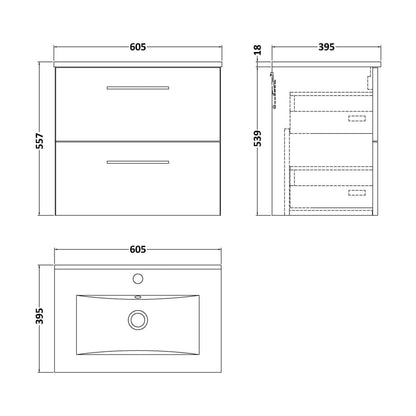 [BFLE2924B] Balterley Level Contemporary Bathroom 2 Soft Close Drawer & Minimalist Wall Hung Vanity Unit Basin, Midnight Blue, 600mm - Technical Drawing