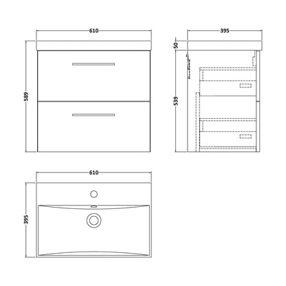 [BFLE2924D] Balterley  Wall Hung 2 Soft Close Drawer & Bathroom Vanity Unit Basin, Midnight Blue, 600mm - Technical Drawing