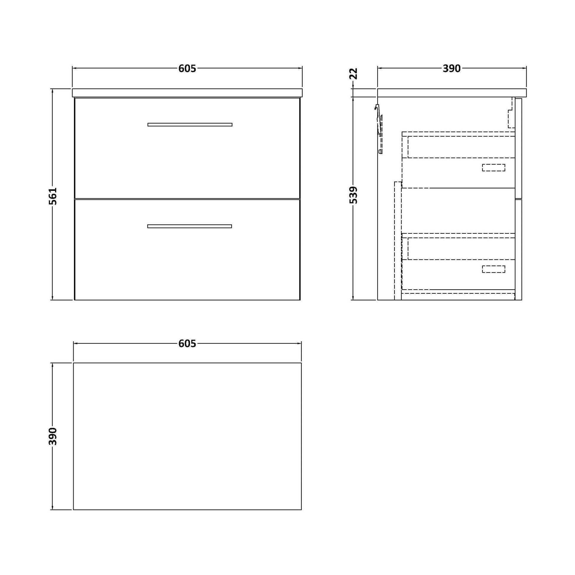 [BFLE2924LCM] Balterley Level 600mm Wall Hung 2 Drawer Vanity Unit & Laminate Worktop Stylish Compact Bathroom Storage Midnight Blue - Technical Drawing