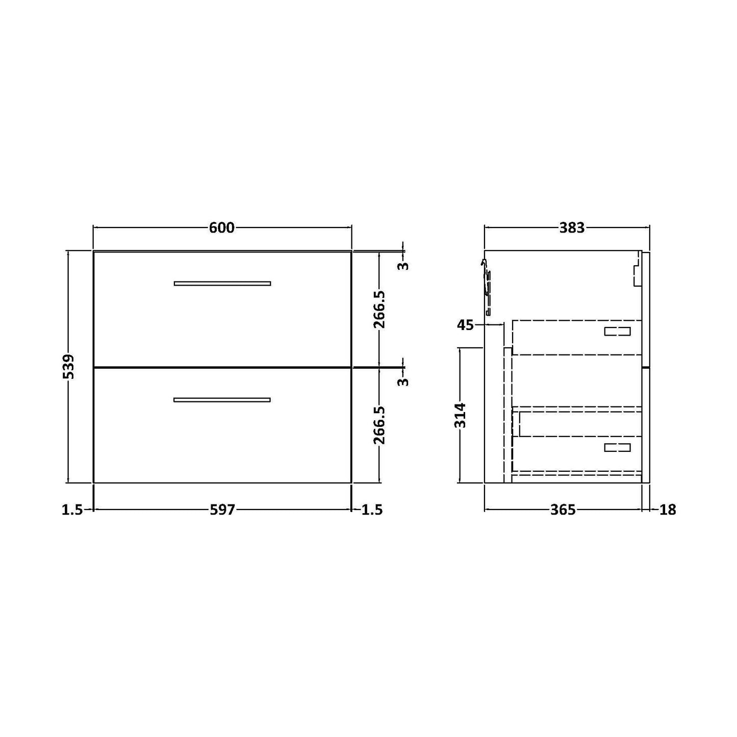 [BFLE2924] 600 WH 2-Drawer Unit (365 DEEP) - Technical Drawing