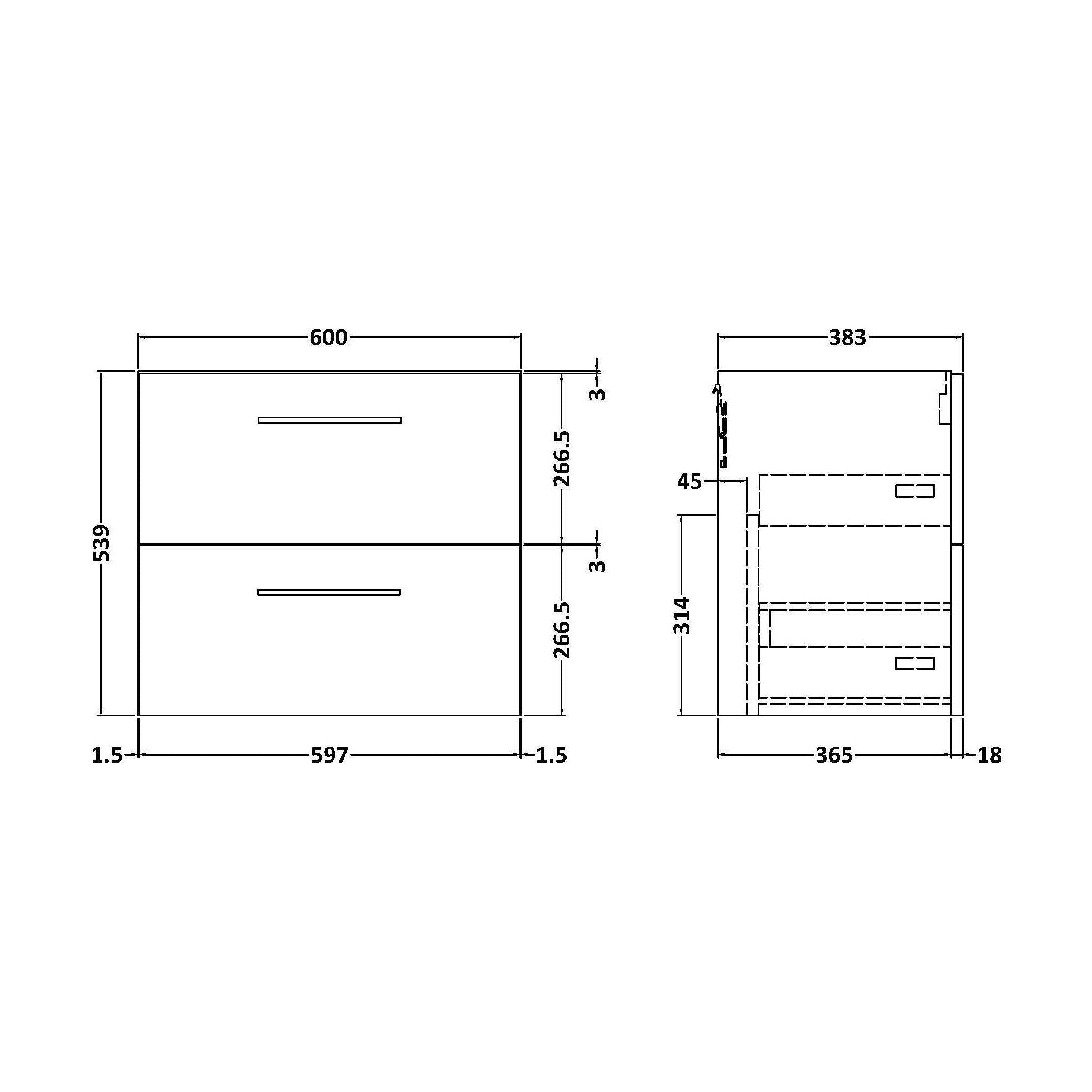 [BFLE2924] 600 WH 2-Drawer Unit (365 DEEP) - Technical Drawing