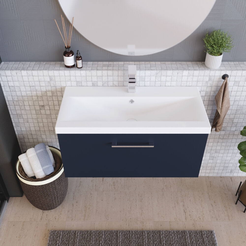 [BFLE2925A] Balterley Contemporary Bathroom Wall Hung 1 Soft-Close Drawer Vanity Unit & Mid-Edge Ceramic Basin, Midnight Blue, 800 mm - Lifestyle 2