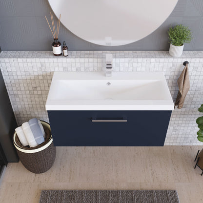[BFLE2925A] Balterley Contemporary Bathroom Wall Hung 1 Soft-Close Drawer Vanity Unit & Mid-Edge Ceramic Basin, Midnight Blue, 800 mm - Lifestyle 2