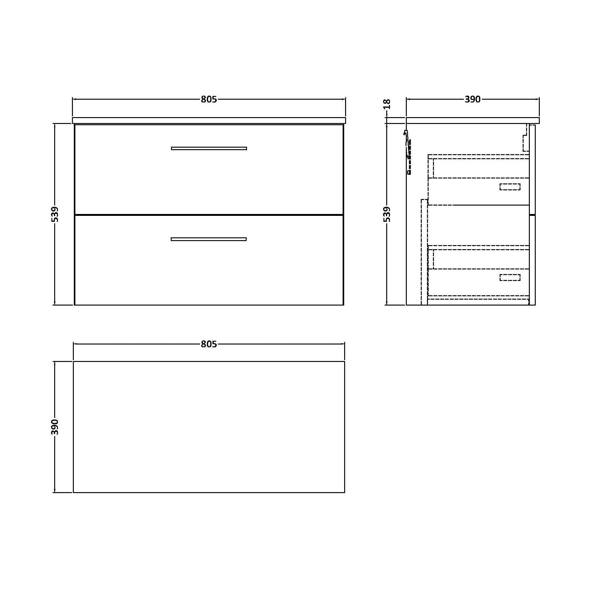 [BFLE2926W] Balterley Level Modern Bathroom 800mm Wall Hung 2 Soft Close Drawer Vanity Unit with Worktop, 558 x 805 x 390mm, Midnight Blue - Technical Drawing